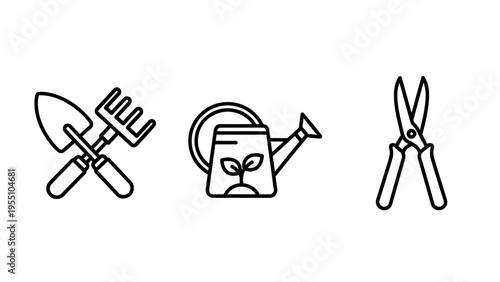 Gardening equipment set including trowel rake watering can and pruning shears icons for horticulture and backyard landscaping design