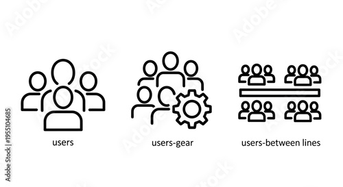 Set of line icons representing user management and team collaboration with silhouettes of people grouped together and an administrative gear symbol for organizational settings and profiles