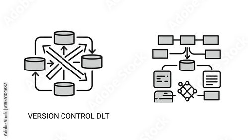 Technical diagram icons for version control and distributed ledger technology showing data flow between database nodes and hierarchical structure charts for computer system architecture design