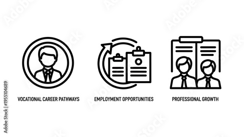 Business professional development and employment opportunity icons featuring male profile silhouettes, career growth charts, and recruitment clipboards for human resources and hiring concepts