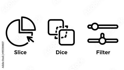 Linear data processing icons representing the concepts of slice and dice data manipulation and digital filter adjustment settings for information technology and analytics interfaces software