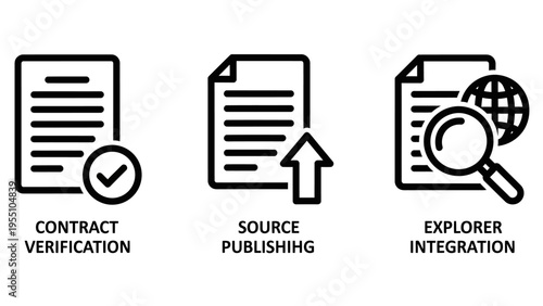 Legal and data management line icons for contract verification, source publishing, and global data exploration in business
