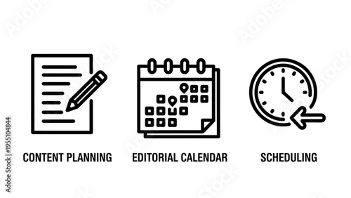 Business planning line icons for content creation, editorial calendars, and efficient project scheduling for productivity