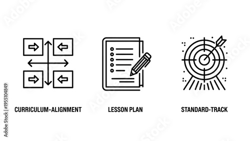Educational planning icons set including curriculum alignment symbols lesson plan clipboard with pencil and standard track objective target with arrow for school management strategy systems