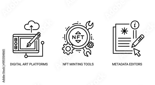 Blockchain technology icons for digital art platforms nft minting tools with gears and metadata editors for decentralized crypto asset management and content creation software use design