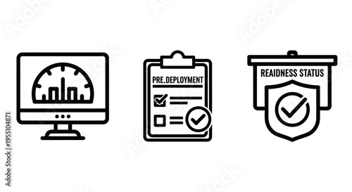System readiness and pre-deployment status monitoring icons featuring computer screen performance gauges checklist clipboards and security shields for software infrastructure launch safety