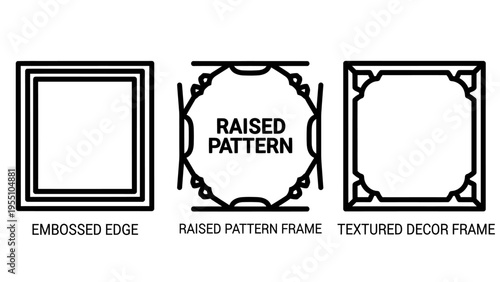 Decorative frame icons including embossed edge borders raised pattern frame designs and textured decor squares for artistic photo mounting and elegant graphic display borders set materials