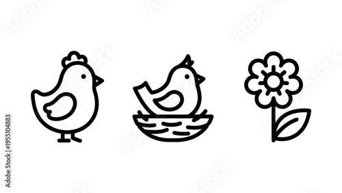 Minimalist nature line icons featuring a farm chicken a small bird sitting in a nest and a blooming garden flower for simple graphic design and spring season environment concepts branding