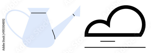 Gardening, sustainability, rainwater harvesting, irrigation, environment, eco-conscious living. Minimalist watering can next to abstract black cloud. Gardening and sustainability concepts