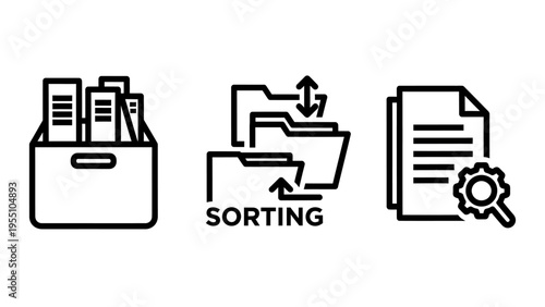 Document sorting and management icon set including office filing box and folder organization with arrows plus document with gear and magnifying glass for data processing efficiency and order