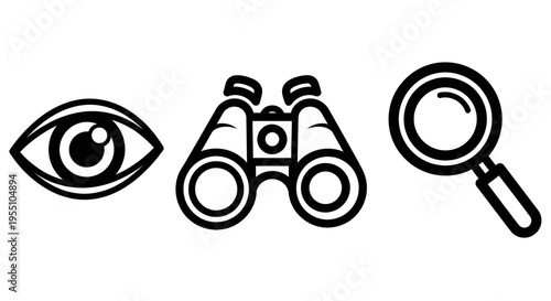Vision and search icon set featuring human eye icon along with field binoculars and handheld magnifying glass for observation discovery research and surveillance concepts in outline art style