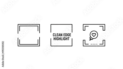 Clean edge highlight and digital focus frame icons for user interface design featuring heart speech bubble notifications and empty square border elements for social media app development