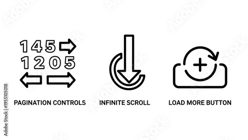 Web interface navigation and UX design icon set for pagination controls infinite scroll down arrow and load more plus button for website development and mobile app user experience elements