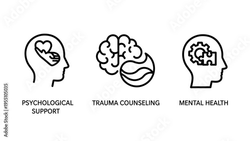 Psychological support trauma counseling and mental health icon set illustrating emotional wellness psychiatric therapy cognitive recovery and inner peace through mindful healthcare services