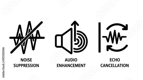 Audio engineering and sound signal processing icon set for podcast recording featuring noise suppression waveforms audio enhancement speaker symbols and echo cancellation technology concepts