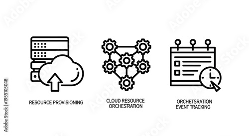 Cloud resource orchestration provisioning and downtime event tracking icon set for information technology infrastructure management network architecture and computing systems optimization control