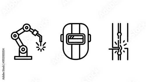 Industrial welding and manufacturing process icons featuring robotic arm automation protective helmet gear and metal joint fusing techniques for engineering and construction services business