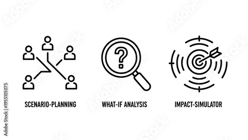 Business scenario planning what if analysis and impact simulator icon set for strategic decision making risk management project evaluation and corporate forecasting solutions visualization