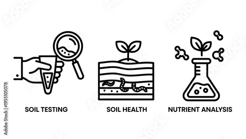 Soil health testing and nutrient analysis icon set for agricultural science featuring earth layers with worms and laboratory flask for farming productivity and environmental monitoring