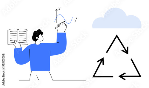Mathematics, education, sustainability, recycling, environmental awareness, cloud computing. Person holds book and draws graph. Mathematics and sustainability concept