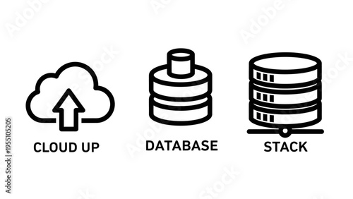 Cloud computing and data storage icons set with upload arrow database cylinder and server stack symbols for network infrastructure and information technology