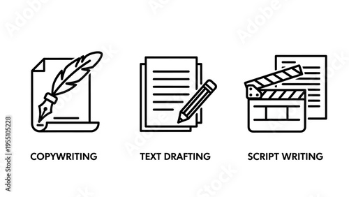 Creative writing and content drafting icon set including feather quill pen pencil on paper and film clapperboard for copywriting script development and storytelling