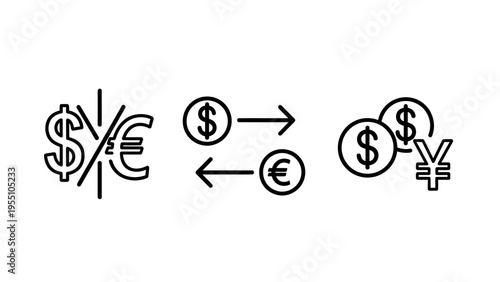 International currency exchange and finance icon set featuring dollar euro and yen symbols with arrows for global money transfer and banking transactions