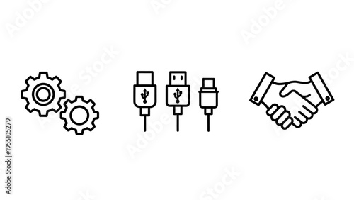 Mechanical gears, hardware usb connector cables, and professional handshake icons representing industrial engineering, technology integration, and corporate business partnership deals