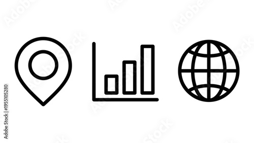 Navigation map pin, business data bar chart, and global internet globe icons for corporate statistics, geographic tracking, world connectivity, and financial growth analysis graphics