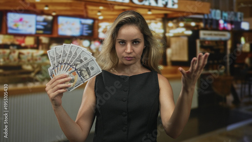 Tableau sur toile Blonde woman holding a fan of cash and showing splayed hand in cafe style building; confidence wealth