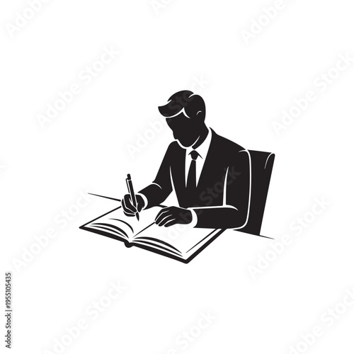A sharply defined silhouette of a businessman writing in an open book at a desk silhouette