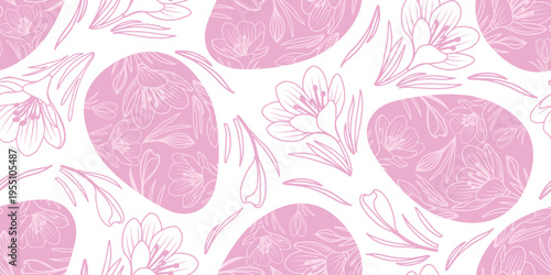Festive seamless pattern with rows of Easter eggs decorated with detailed white line art of flowers and ribbons in soft pastel pink tones. Elegant vector repeat for textile and holiday design.
