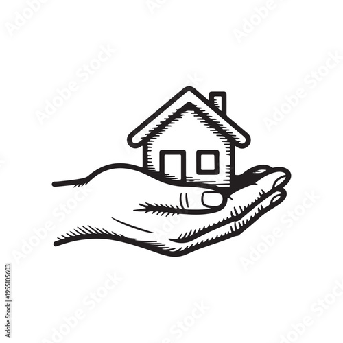 Hand Holding House – Home Care and Real Estate Line Art Vector Illustration