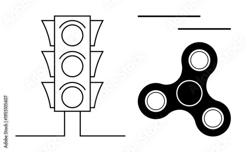 Traffic management, stress relief, focus, mindfulness, play, and decision-making concepts. Line art of a traffic light and a fidget spinner. Traffic management and stress relief