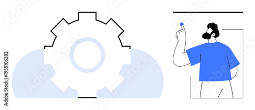 Technology, cloud computing, innovation, process optimization, engineering, remote work. Gear icon with cloud shape next to a man holding a tool in his hand. Technology and cloud computing concept