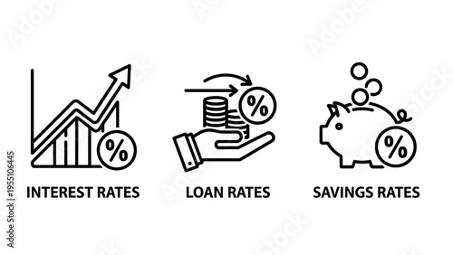 Interest rates, loan rates, savings rates icons - finance, banking, and investment concepts, piggy bank