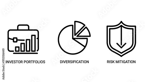 Investor portfolios, diversification, risk mitigation icons - investment strategy and financial planning concepts, pie chart