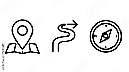 Navigation icons: map pin, winding road, and compass. simple linear graphic design, user interface