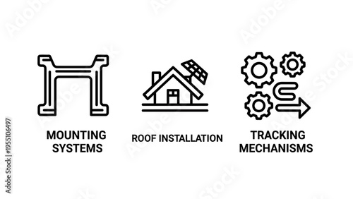 Solar energy icons: mounting systems bracket, house roof installation with solar panels, and tracking mechanisms