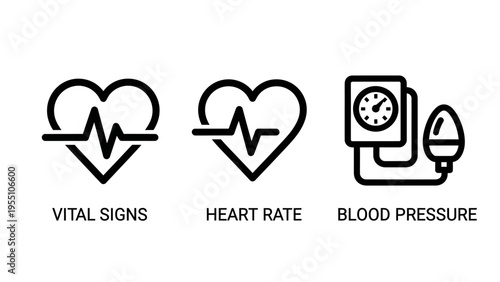 Medical vital signs monitoring icons including heart rate blood pressure and overall health indicators for healthcare devices
