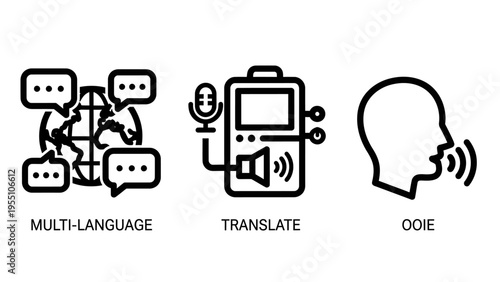 Global communication icons representing multi-language translation and voice input for international interaction and digital apps