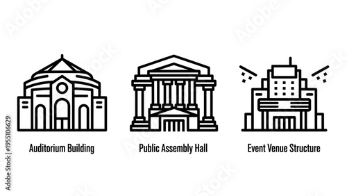 Outline icons: auditorium building, public assembly hall, event venue structure - simple architectural symbols for meetings, conferences, and performances