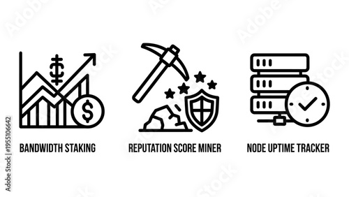 Cryptocurrency and blockchain icons: bandwidth staking graph, reputation score miner pickaxe, node uptime server tracker - digital finance and network symbols
