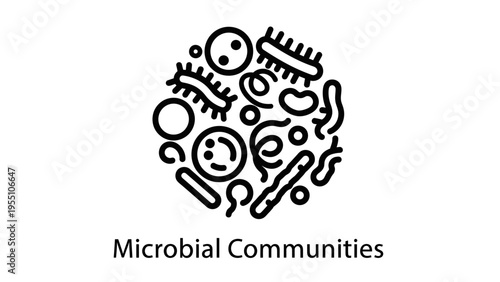 Microbial communities icon set: diverse bacteria and microorganisms clustered together - science and biology symbol for colonies, flora, and fauna