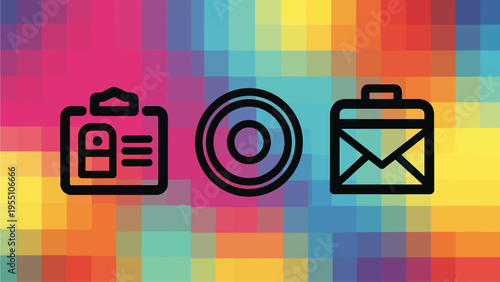Id badge, target, and mail icons on colorful abstract pixel background, id badge