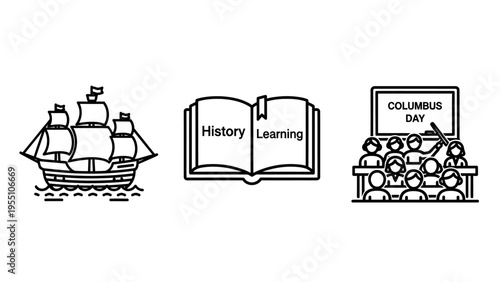 Historical ship, open book with 'history learning', and classroom scene icons