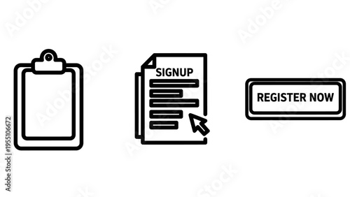 Online registration and sign-up icons: blank form, registration document with cursor, 'register now' button - user onboarding and form submission symbols, data entry