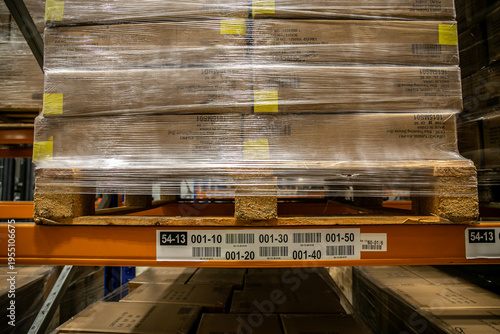 Warehouse with barcode labelled industrial pallet racking systems storing goods on multiple levels, maximising vertical space and organised pallet storage.