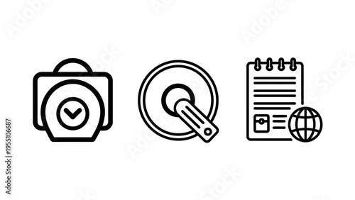 Shopping bag, compact disc, and document with globe icons, shopping cart