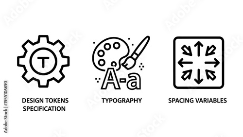 Design tokens, typography palette, and spacing variables icons for UI design